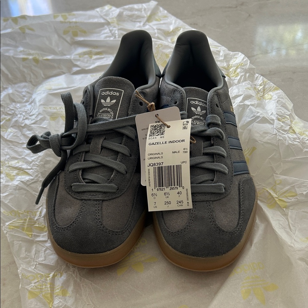 adidas Gazelle Gray Suede Sneakers with Navy Stripes and Gum Sole - Picture 3 of 4